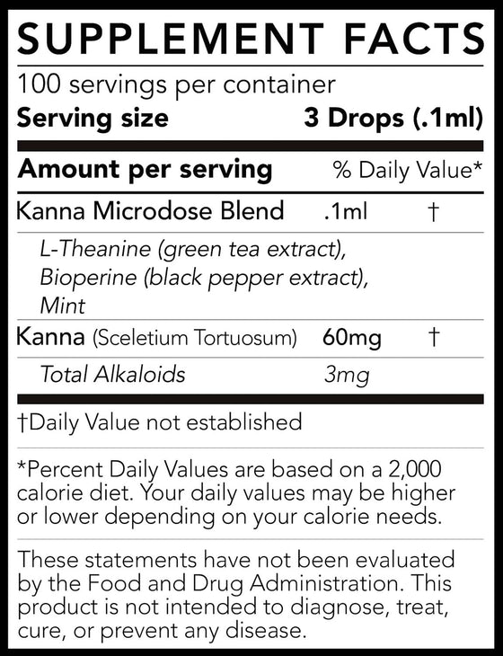 Hearthstone Collective Kanna Microdose Tincture Supplement Facts Box contains 60mg of sceletium tortuosum extract with 3mg of total mesembrine alkaloids per dose