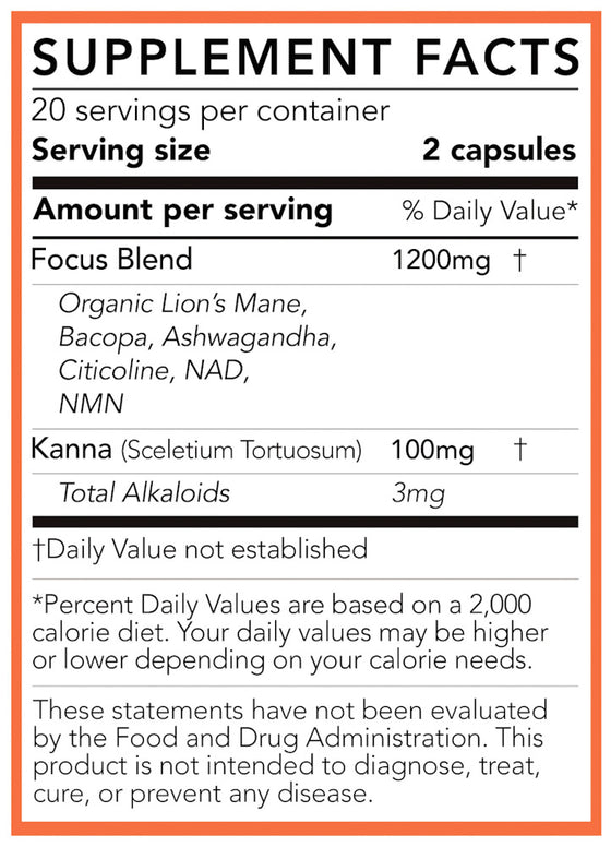 hearthstone collective focus supplement facts box for sceletium tortuosum extract powder with 2000mg of kanna extract and 60 mg of mesembrine extract